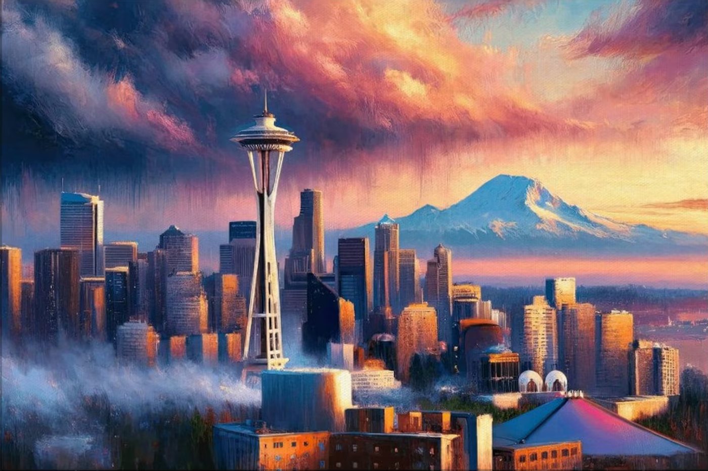 Oil-style painting of the Seattle skyline at sunset, with the Space Needle in the foreground and Mount Rainier behind